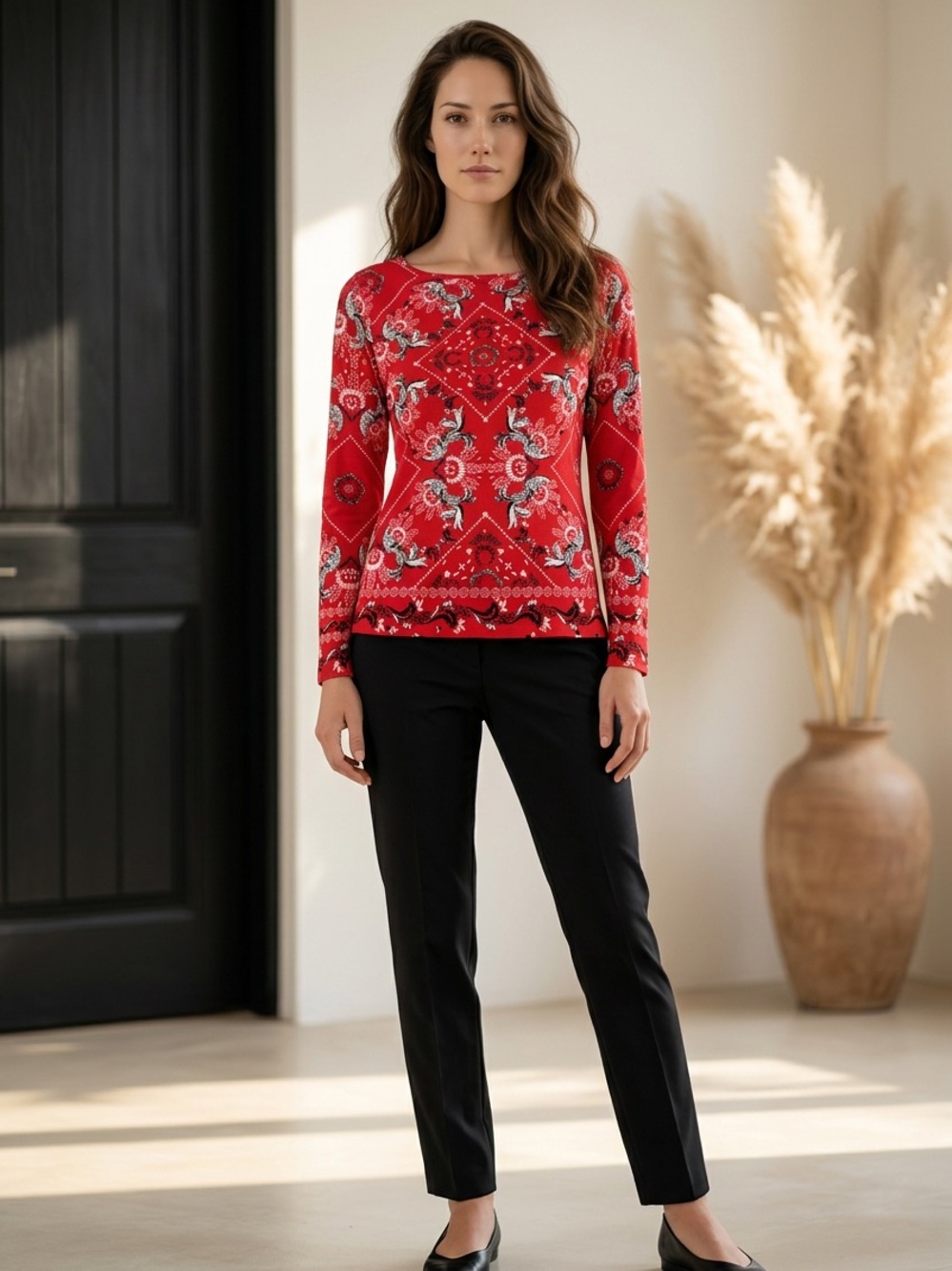 Talbots Women's Red Long-Sleeve Patterned Top